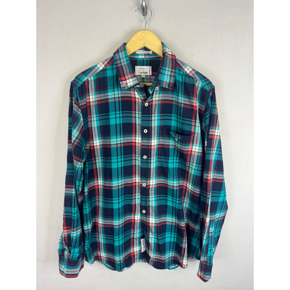 Gant x Le Mans Tech Prep Oxford Plaid Shirt‎ Mens XL Teal Navy Red Button Down